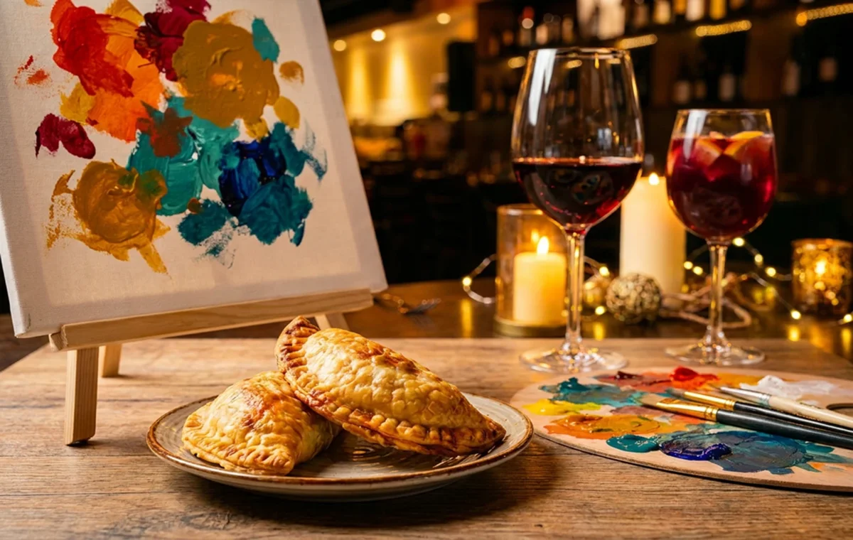 Paint Night at Loaded Empanadas — wine, empanadas, brushes and canvases under warm light