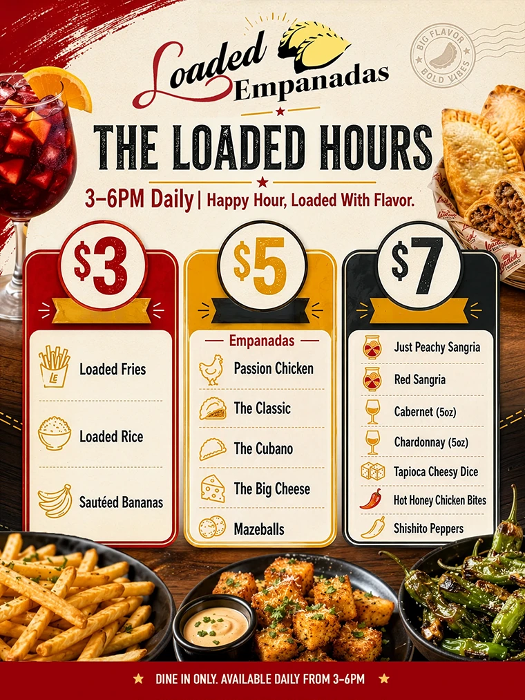 The Loaded Hours happy hour menu — $3, $5 and $7 tiers, daily 3 to 6 PM