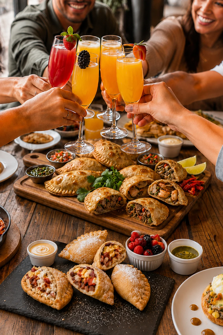 Friends clinking mimosas over a board of empanadas and salsas at a group brunch