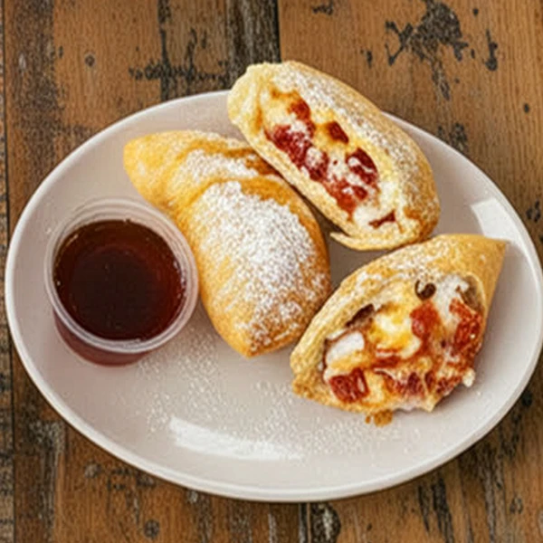Romeo & Juliet guava and cheese empanadas dusted with powdered sugar, served with dipping sauce