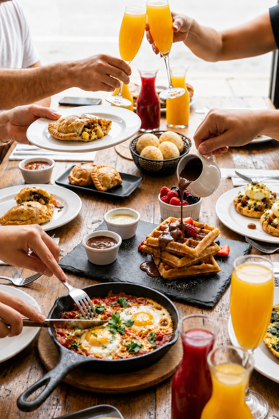 A group toasting mimosas over a shared brunch table of empanadas, waffles and skillet eggs