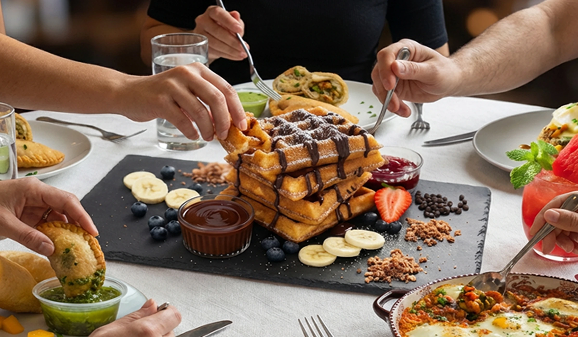 Hands reaching across a shared brunch table for chocolate-drizzled waffles, empanadas and chimichurri