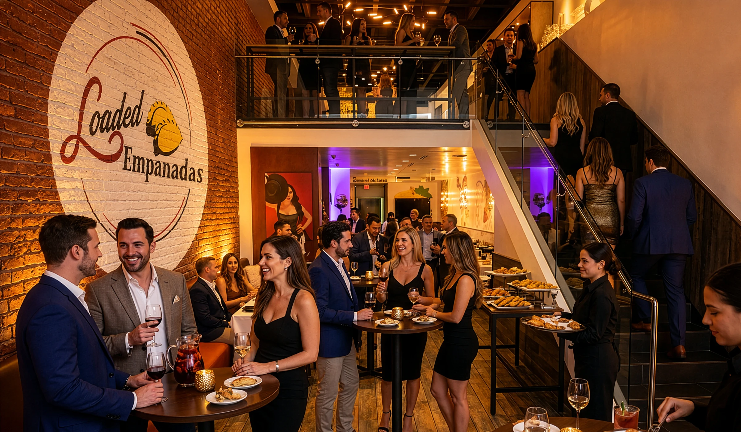 Guests mingling with wine and empanadas across both floors during a full restaurant buyout