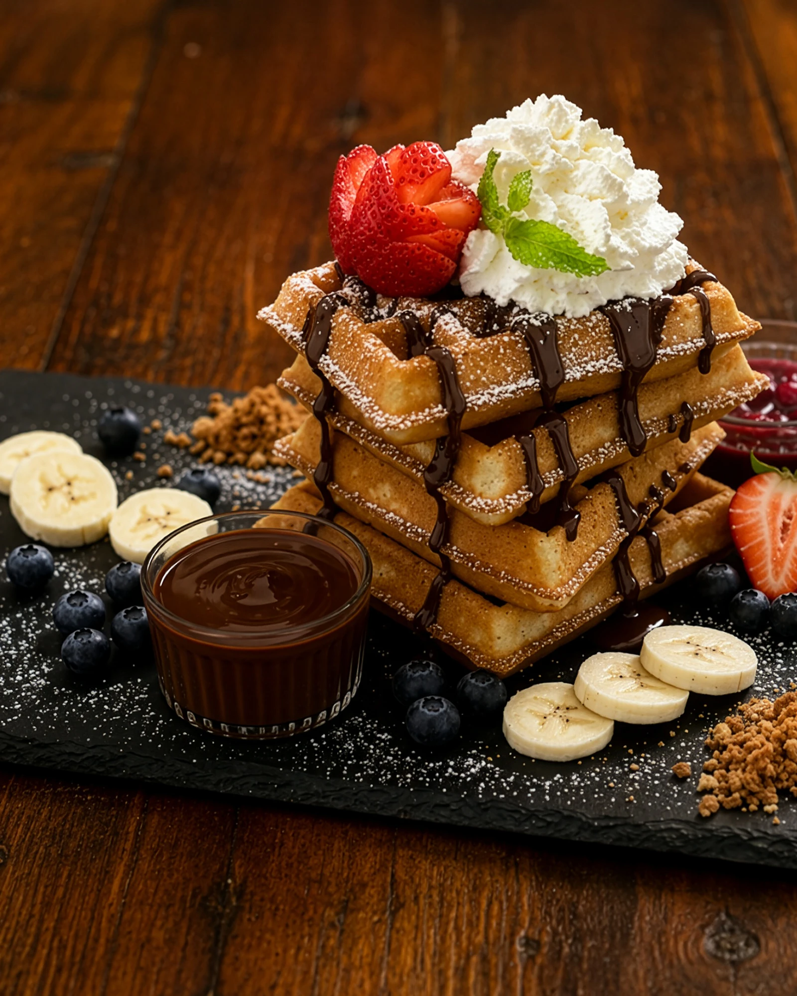 Churro waffles stacked with chocolate drizzle, whipped cream, banana and berries on a slate board