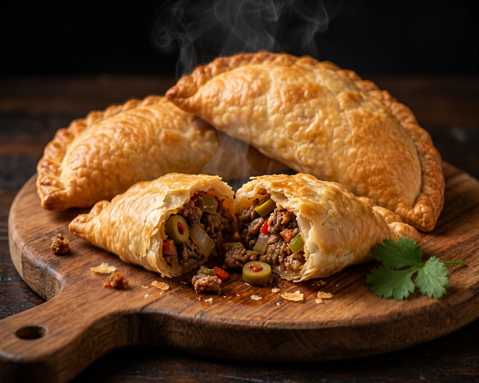 The Classic empanada broken open, steaming, with ground beef, olives and peppers on a wooden board