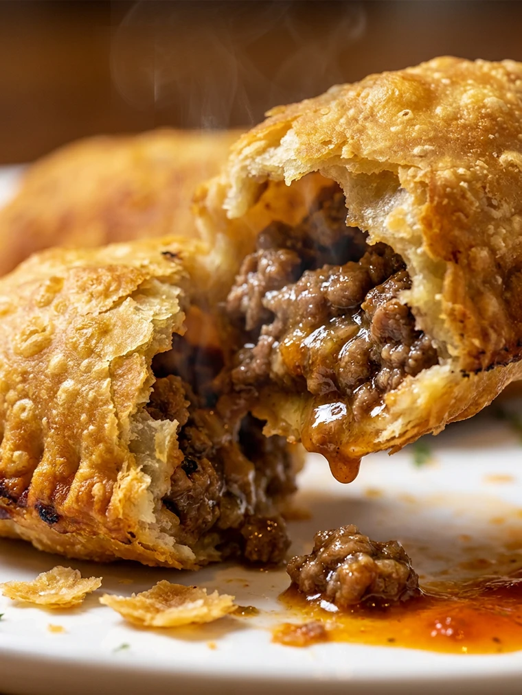A beef empanada broken open, steaming, beside a whole one on a plate with chimichurri