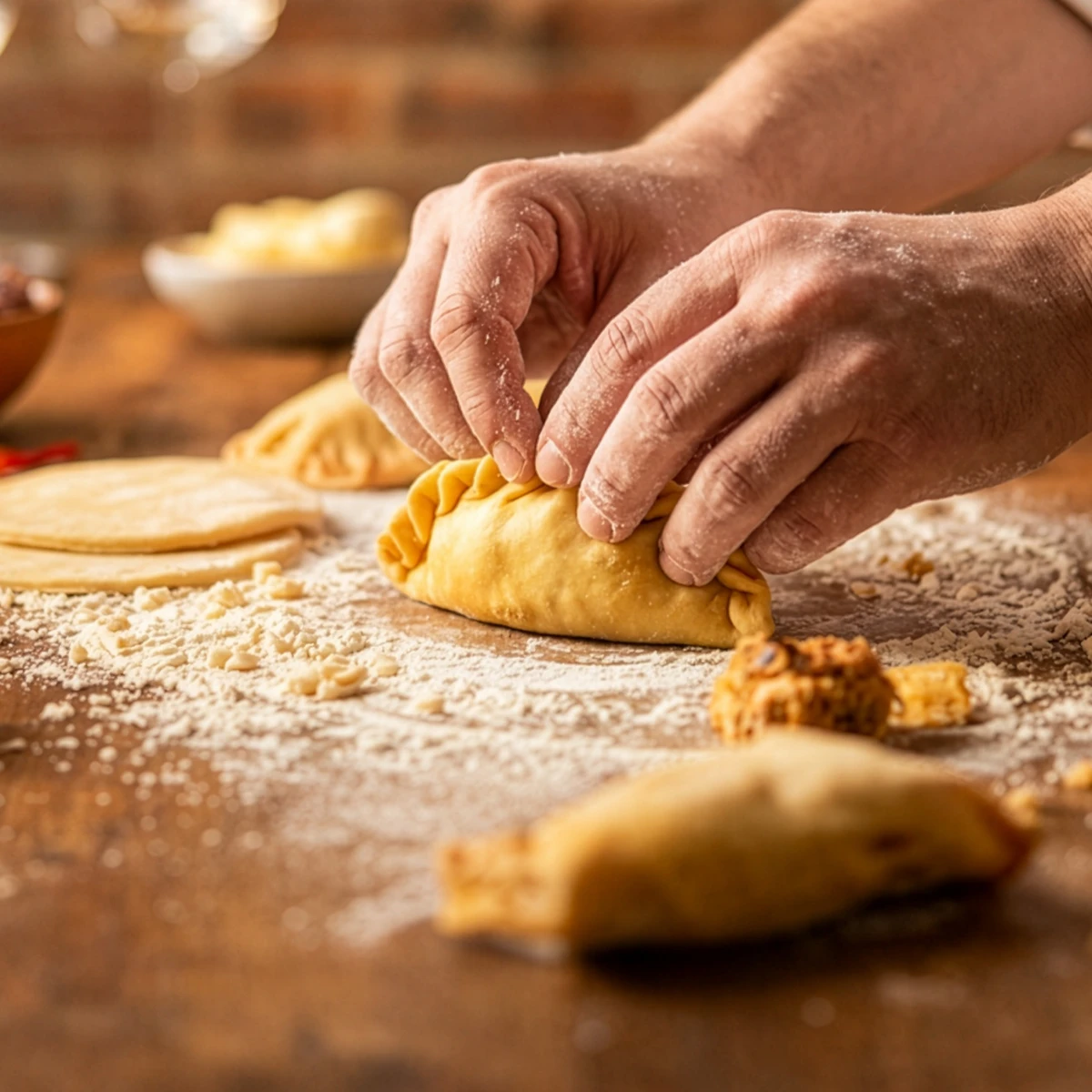 Hands crimping the edge of a hand-folded empanada on a floured wooden work surface