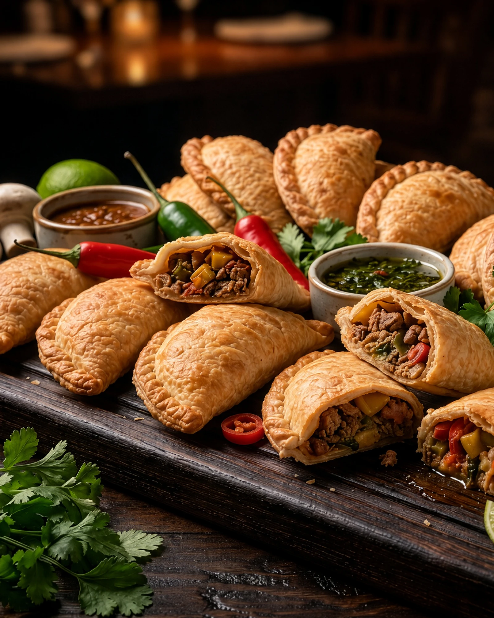 Gourmet empanadas broken open on a board with chimichurri and dipping sauces at Loaded Empanadas in Boca Park