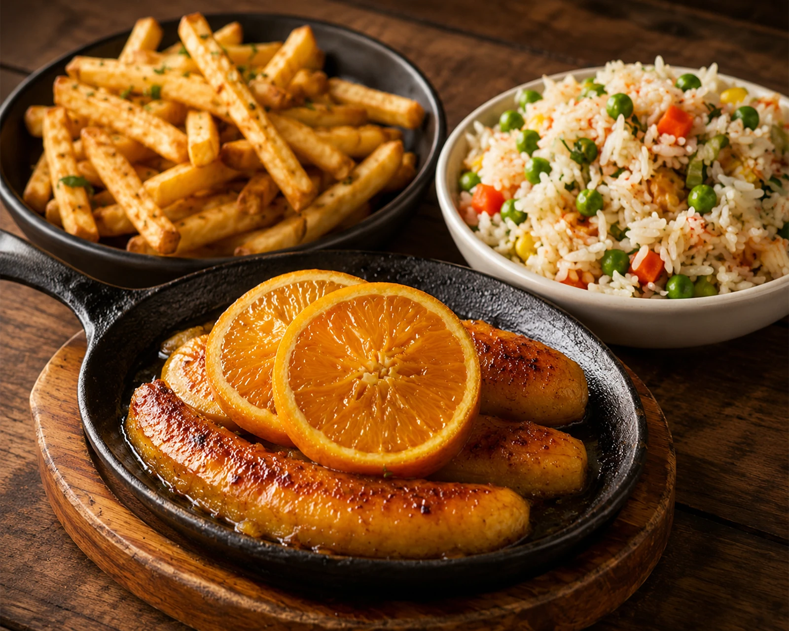 Happy hour sides: loaded fries, Latin rice and sweet fried plantains with orange