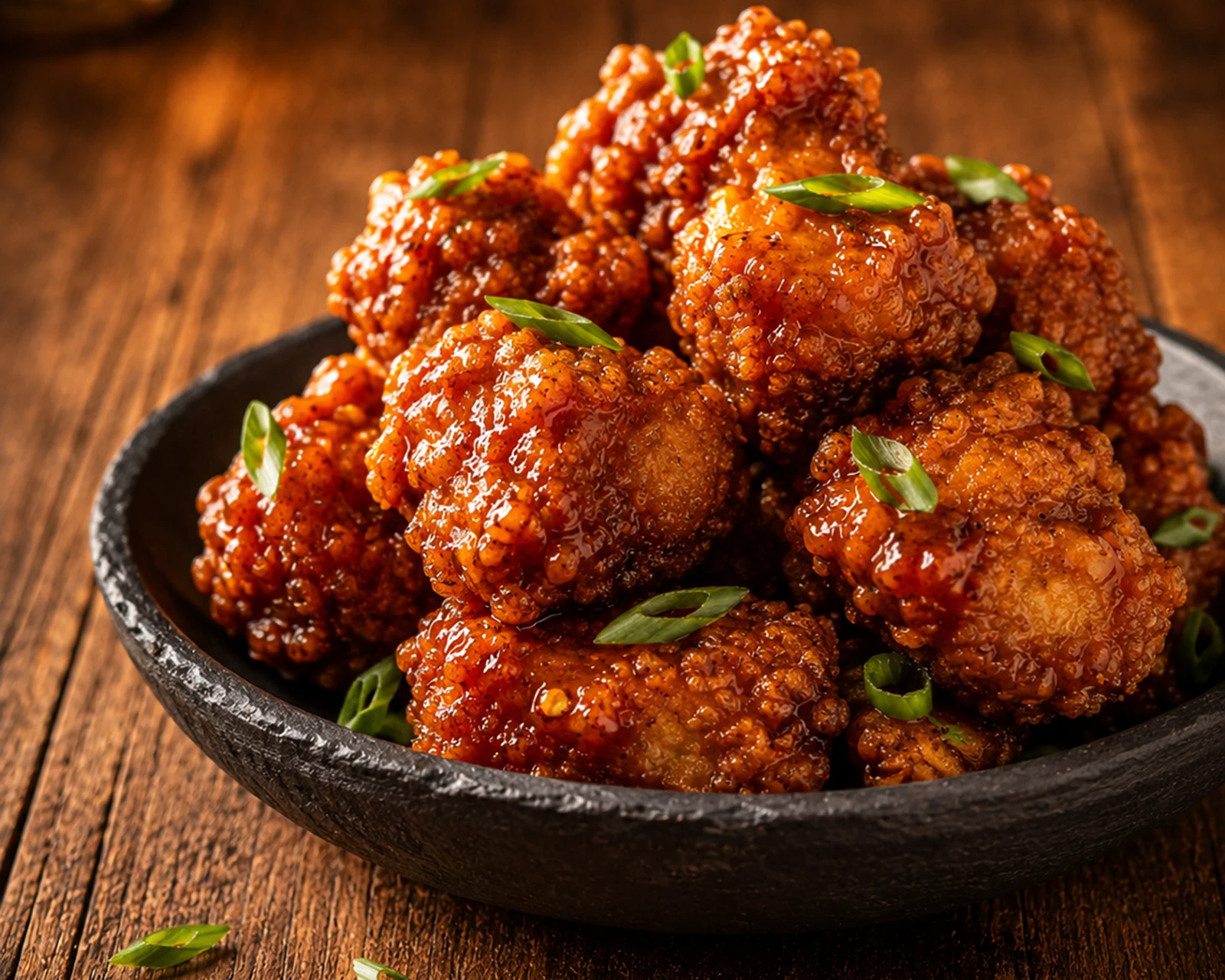 Hot Honey Chicken Bites glazed and tossed with scallions in a black bowl