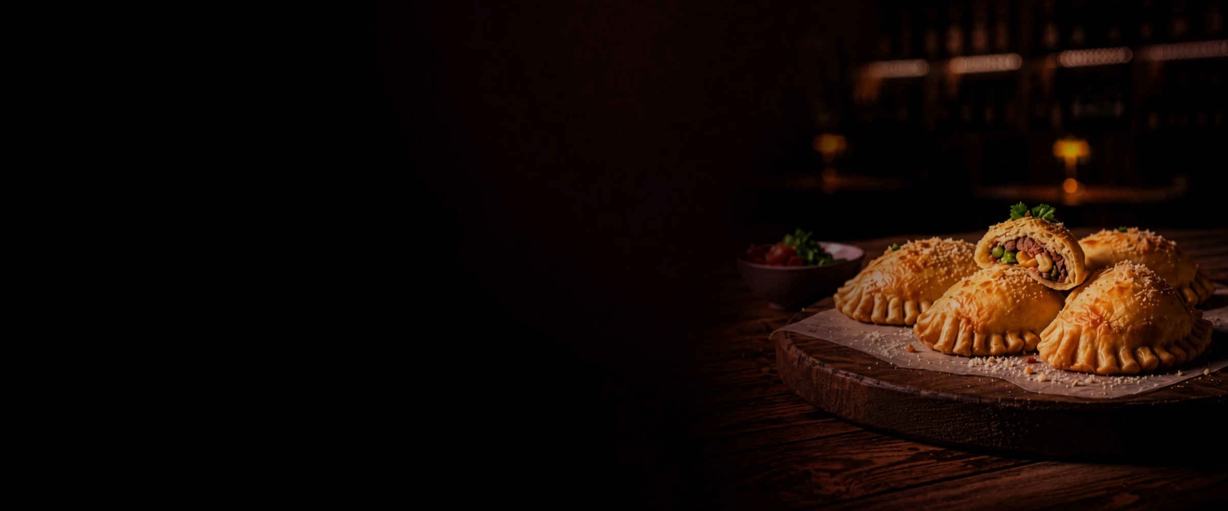 Baked empanadas on a wooden board, one cut open to show the filling, lit warmly against the dark bar