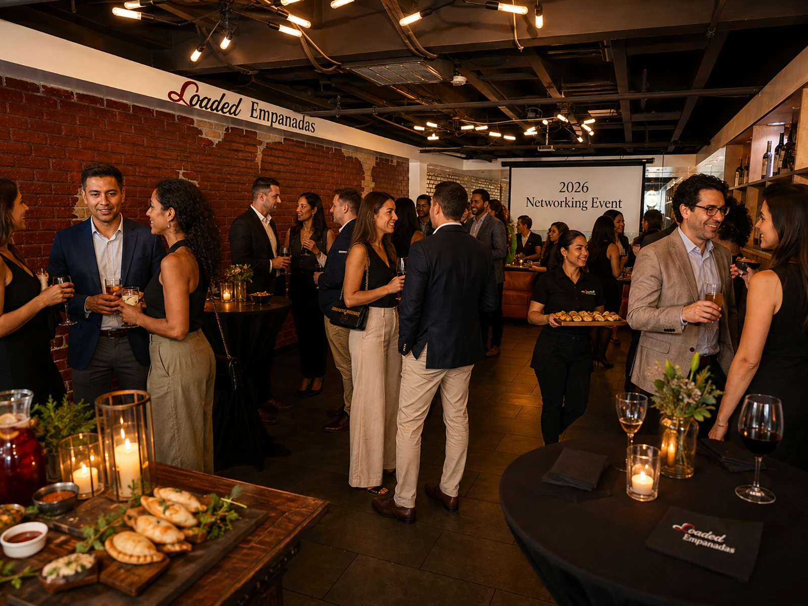 Guests mingling with drinks and passed empanadas at a standing networking reception