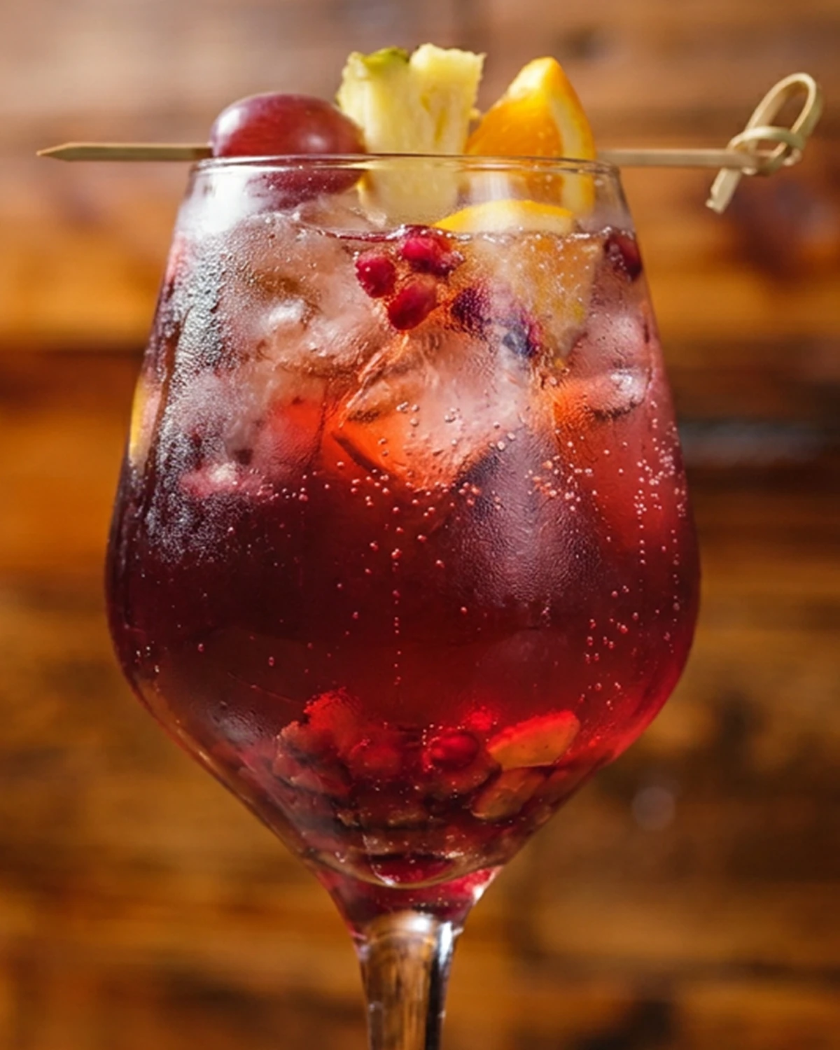 Sparkling Pomegranate sangria over ice with pomegranate seeds, grape, pineapple and fresh orange