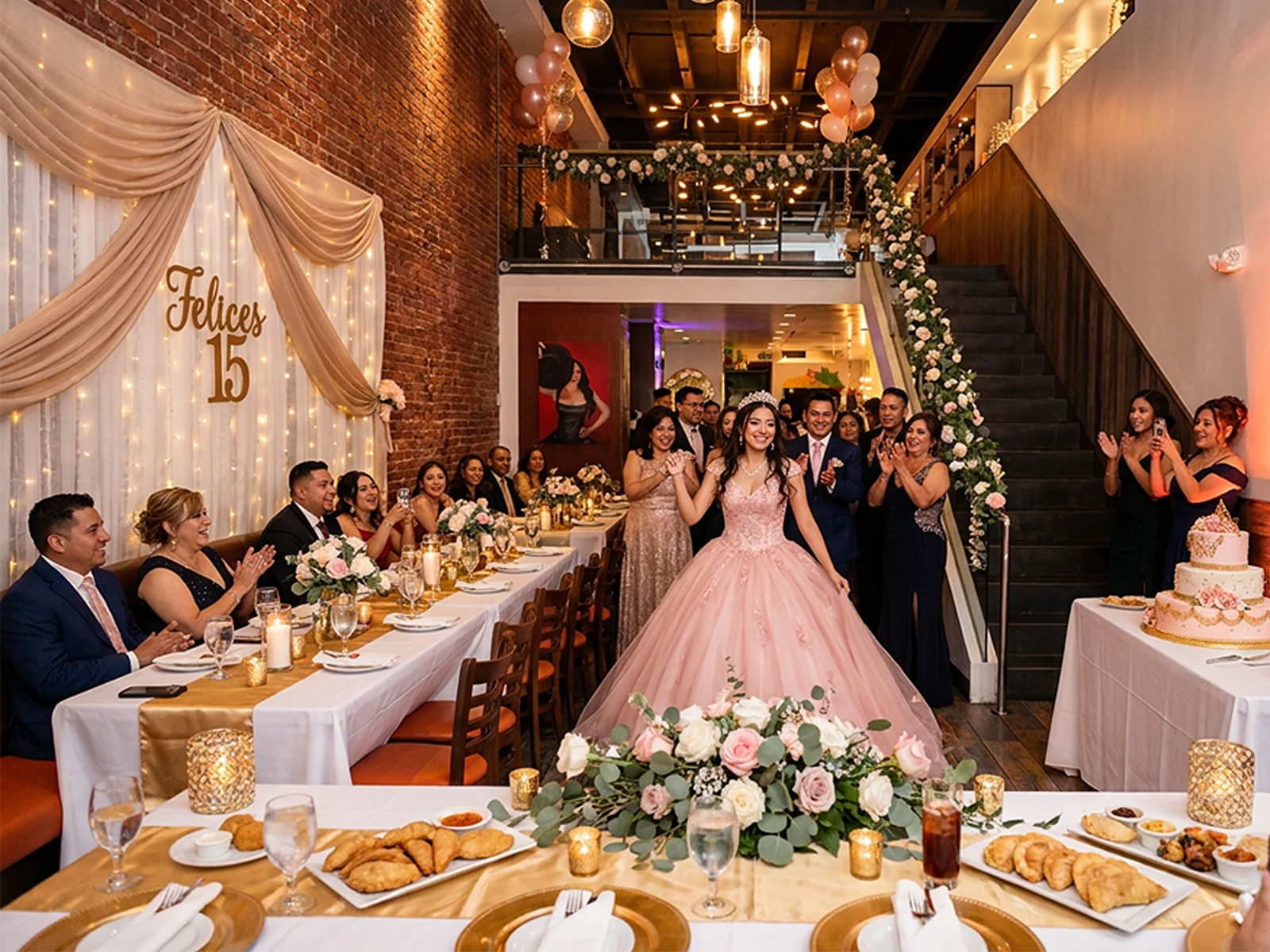 A quinceañera in a blush gown greeted by applauding guests at long banquet tables with florals and a tiered cake