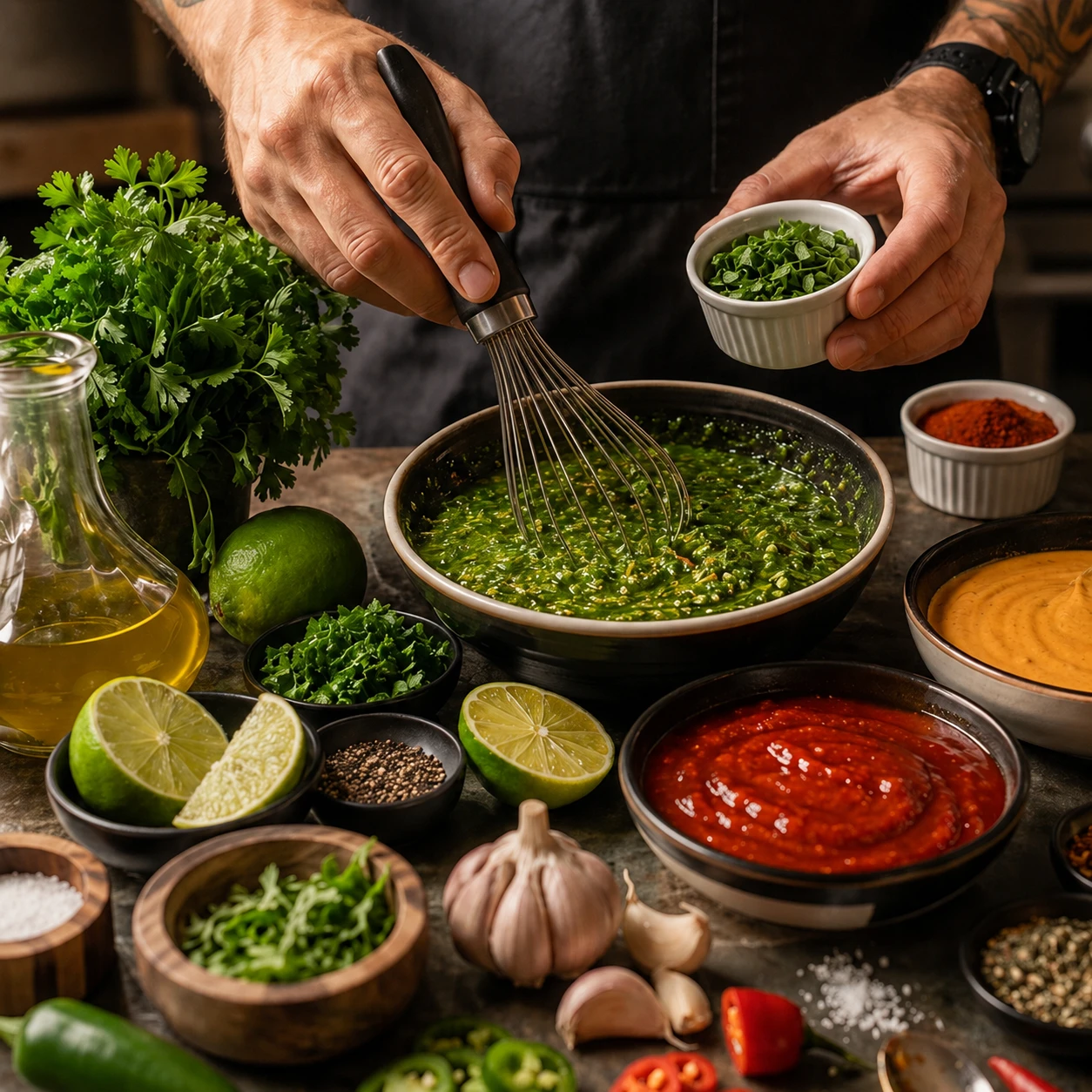 A cook whisking fresh chimichurri surrounded by bowls of mango, chili and passionfruit sauces, limes, garlic and herbs