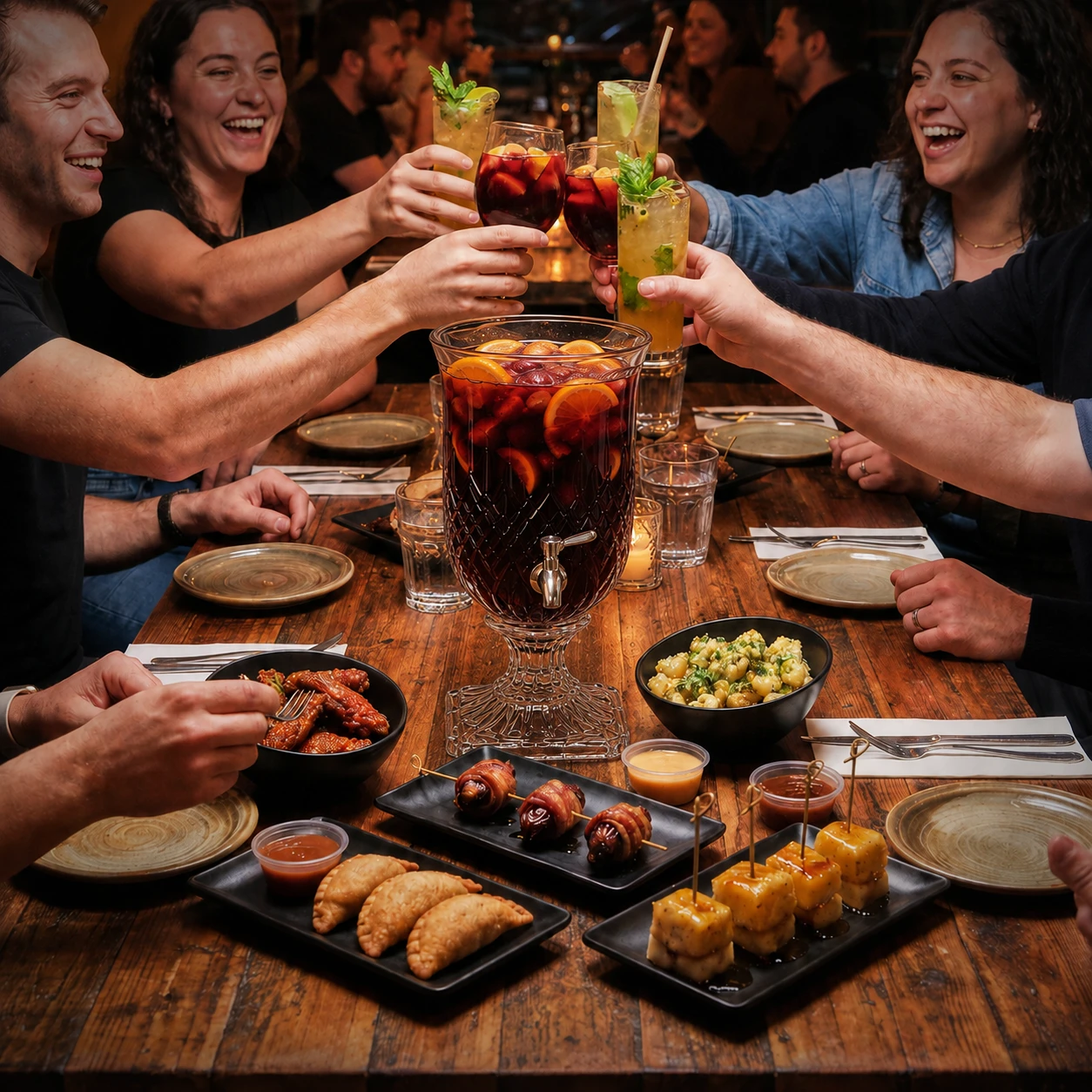 Friends around a wooden table raising glasses over a crystal pitcher of red sangria, empanadas, bacon-wrapped dates and tapas spread between them